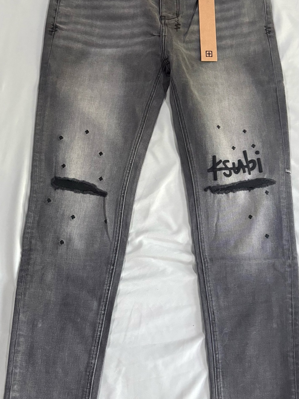Ksubi Grey Washed Slim Jeans with Black Paint Detail